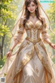 A woman in a wedding dress standing in a forest.